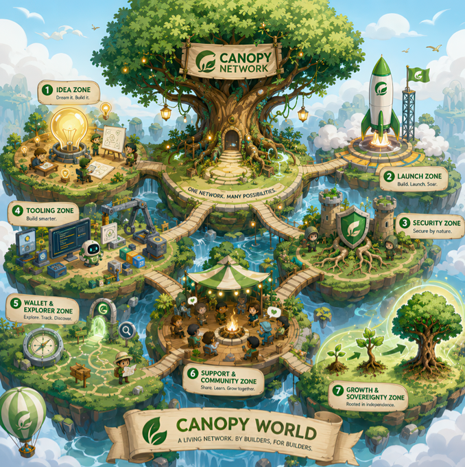 A vibrant isometric illustration titled "Canopy World: A Living Network, by Builders, for Builders" depicting a floating tree-canopy ecosystem with labeled zones (1. Idea Zone, 2. Launch Zone, 3. Security Zone, 4. Tooling Zone, 5. Wallet & Explorer Zone, 6. Support & Community Zone, and 7. Growth & Sovereignty Zone), visually representing Canopy Network's AI-native blockchain development journey following its $8.5M seed funding raise toward mainnet launch.