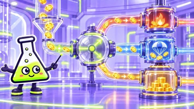 A cartoonish flask character with a green face stands next to a colorful pipe system processing gold coins and gems in a futuristic lab setting.