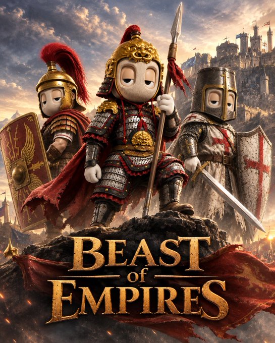 Three plush warriors in ancient armor—complete with helmets, spears, and shields featuring crosses and eagles—stand heroically atop a rocky outcrop with a medieval castle in the background, beneath the golden title "BEAST OF EMPIRES." The whimsical, toy-like style of the characters adds a playful twist to the epic battle theme, fitting the user's campaign seeking votes for their entries at beasthood.tools/lab.