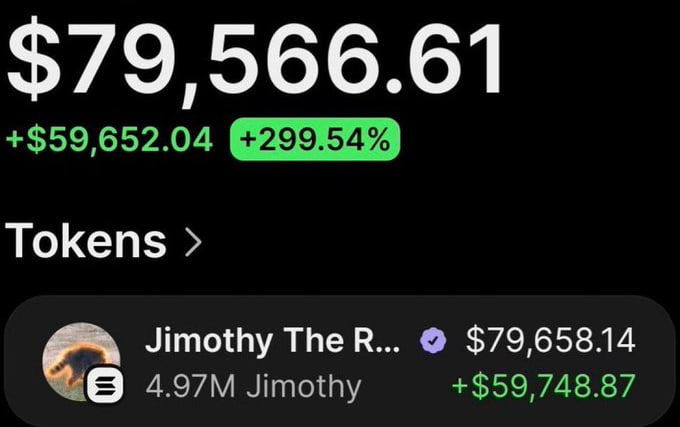 A screenshot shows a crypto portfolio totaling **$79,566.61**, up **+$59,652.04 (+299.54%)**, with the holding "Jimothy The R..." showing **4.97M Jimothy** valued at **$79,658.14**. The image appears to be shared as proof of gains to qualify for a $100 giveaway promoted by @chadzcabal.