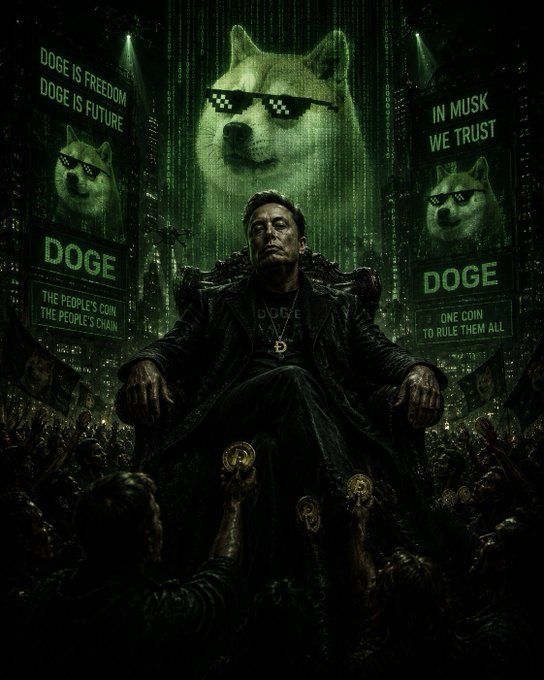 A dark satirical digital artwork depicting Elon Musk seated on a throne with a Dogecoin logo, surrounded by crowds and illuminated by a giant projection of a dog wearing pixelated sunglasses with the text 'DOGE IS FREEDOM,' 'DOGE IS FUTURE,' 'IN MUSK WE TRUST,' and 'ONE COIN TO RULE THEM ALL.'