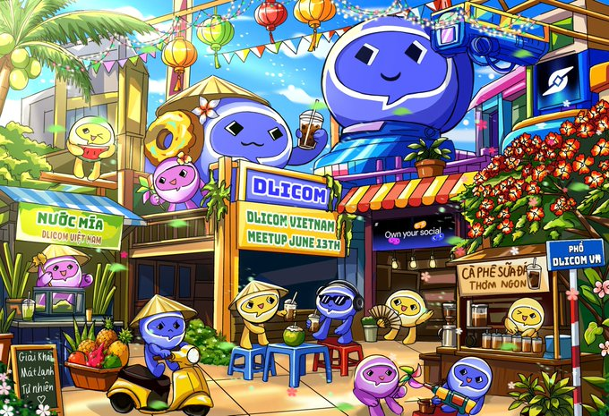 The image features a cartoon scene of a group of people sitting at tables under colorful umbrellas, enjoying their time together outdoors. The setting appears to be an outdoor cafe or restaurant with various potted plants scattered throughout the area. There are several people in the scene, some seated and others standing, engaged in conversation or simply taking in the atmosphere.

The image also includes a post about the Dlicom meetup happening on June 18th at the Vietnam Veterans Memorial in Washington DC. The post encourages followers to join the event by sharing it with their friends and family.
