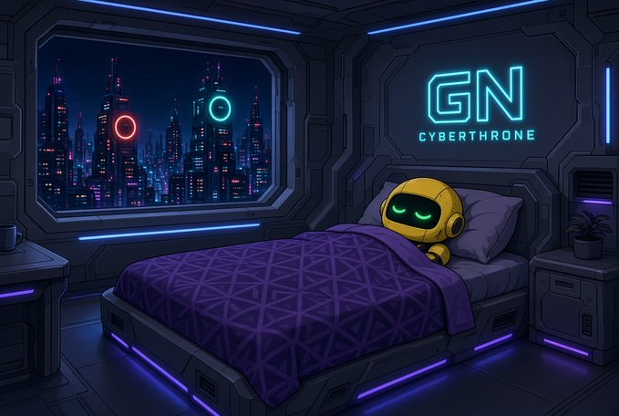 An animated illustration of a small yellow robot with glowing green eyes sleeping under a purple patterned blanket in a futuristic bedroom, with a window showing a neon-lit city skyline and a wall sign reading 'GN CYBERTHRONE'.