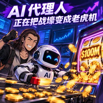An illustrated advertisement with Chinese text reading 'AI 代理人 正在把战壕变成老虎机' (AI agents are turning the trenches into slot machines), depicting a smiling man and a robot with coins.