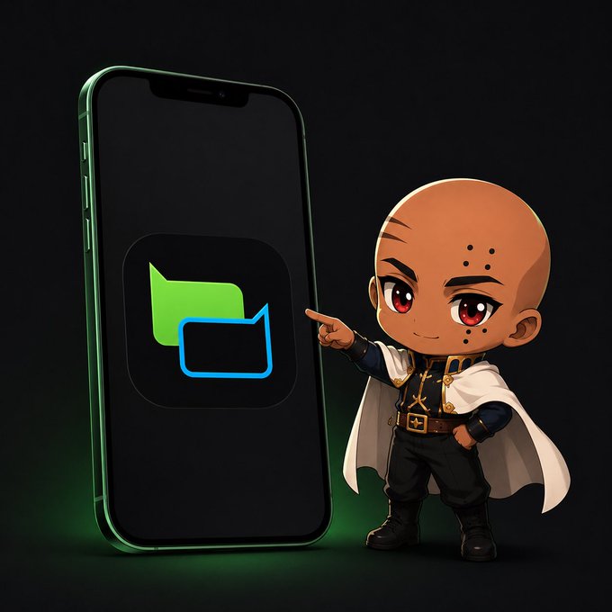 A 3D-rendered chibi-style bald character with face tattoos pointing at a large smartphone displaying a blue and green speech bubble logo.