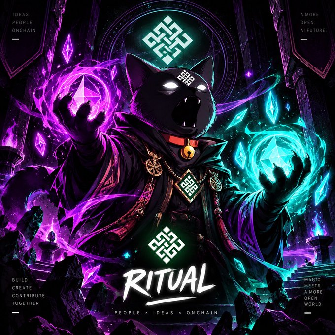 Digital artwork titled 'RITUAL' featuring a dark cat-like figure casting purple and teal magic, with text 'IDEAS PEOPLE ONCHAIN', 'A MORE OPEN AI FUTURE', 'BUILD CREATE CONTRIBUTE TOGETHER', and 'PEOPLE x IDEAS x ONCHAIN'.