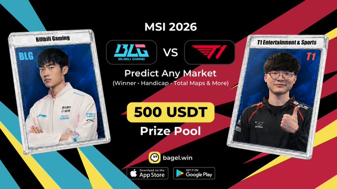 A promotional graphic for an MSI 2026 esports match prediction game on bagel.win between BLG (Bilibili Gaming) and T1, featuring a 500 USDT prize pool.