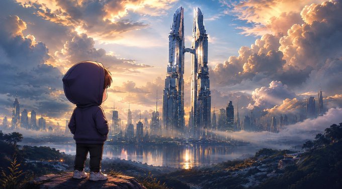An illustrated hooded figure stands on a rocky outcrop gazing at a futuristic cityscape featuring twin towers rising above clouds at sunset.