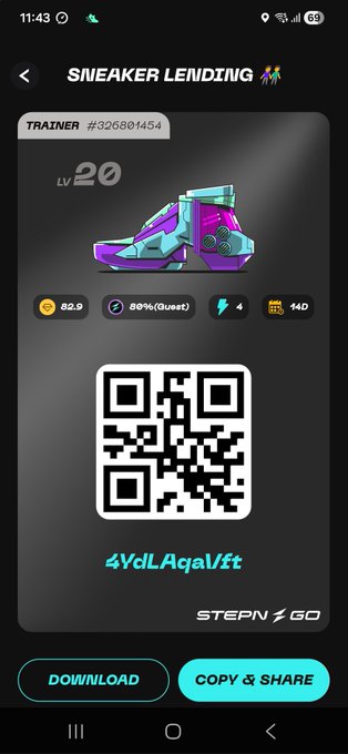 The image shows a smartphone screen displaying an app called "Stepn Go", which appears to be related to sneaker lending or trading. The phone's screen also contains a QR code, possibly for sharing information about the app with others.