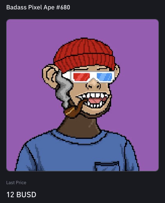 An NFT listing for 'Badass Pixel Ape #680' showing a pixel art monkey wearing a red beanie and 3D glasses with a cigar, priced at '12 BUSD'.