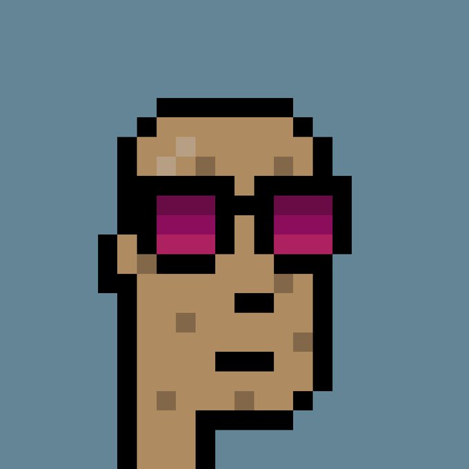 A pixel art illustration of a face with brown skin, dark hair, and pink/purple sunglasses on a blue background.
