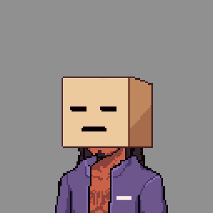 A pixel art illustration of a character with a cardboard box over their head featuring a simple straight-line face, wearing a purple jacket and red shirt against a gray background.