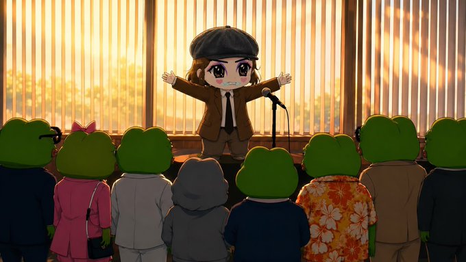 An animated character in a suit and beret stands at a microphone on a stage with arms outstretched, addressing a crowd of frog-like figures during golden hour lighting. The image visually mirrors the post's rallying-call tone, depicting a "last stand" moment as the speaker urges the audience to abandon $CASHCAT and back $ANSEM instead.