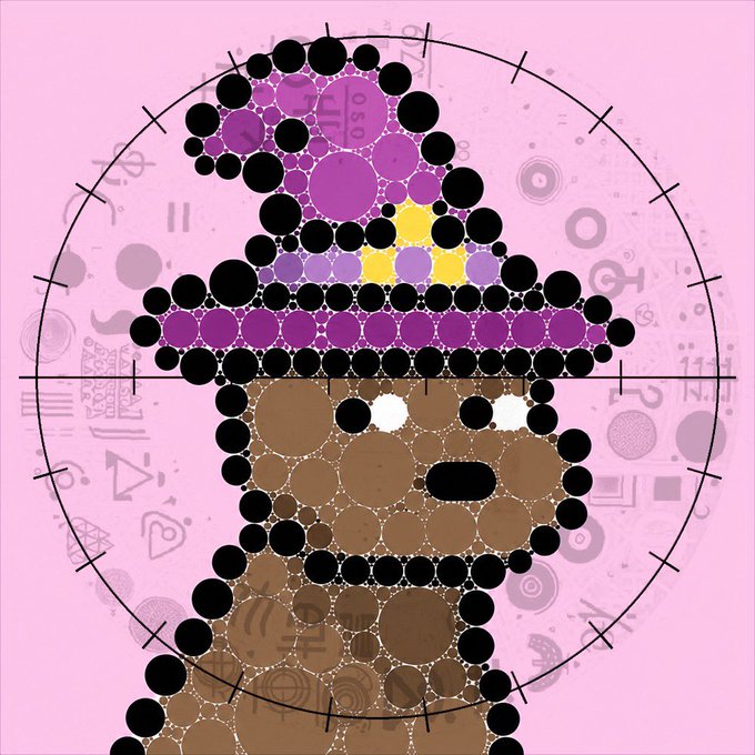 Digital artwork of a stylized figure composed of colorful circles within a circular frame featuring various symbols on a pink background.
