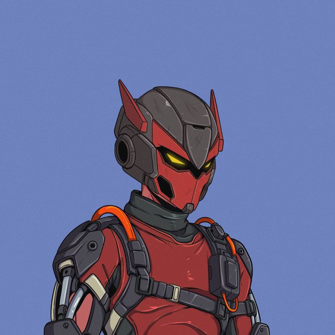 A stylized illustration depicts a futuristic armored figure in a red and black mechanical suit featuring a horned helmet with glowing yellow visor eyes, set against a solid blue background—evoking the secretive, masked persona implied by the post "IN SHADOW WE TRADE."