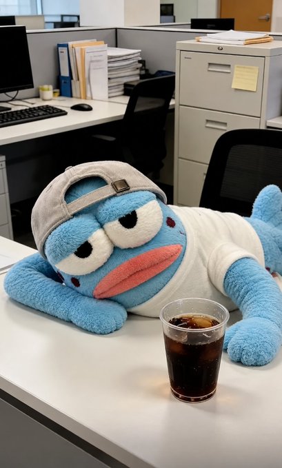 A blue plush character wearing a backwards gray cap and white t-shirt lies on a white office desk next to a plastic cup of iced Americano, with filing cabinets in the background.