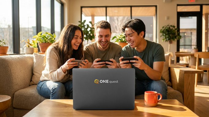 Three young adults sit together on a couch smiling while looking at their phones and a laptop displaying the "ONEquest" logo on screen, illustrating the post's invitation to join an active community already engaged with the platform. The scene captures the communal, social aspect of questing together on ONEquest.