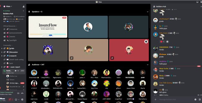 A screenshot of a Riato virtual event platform showing a Builders Hub session with 5 speakers, 347 audience members, a presentation titled 'InsureFlow,' and a chat sidebar with active participants.