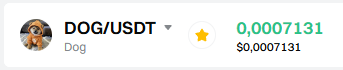 A cryptocurrency price ticker showing DOG/USDT (Dog) with a current price of 0.0007131 USDT, featuring a Shiba Inu dog icon.