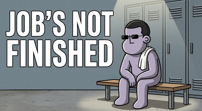 The image shows a cartoon NPC character wearing sunglasses and a towel, sitting on a bench in a locker room, with bold text reading "JOB'S NOT FINISHED." The image relates to the post by depicting the archetypal NPC meme to represent those who remain unfazed by a struggling crypto market, suggesting that the real work at @npconchain is only just beginning despite bearish conditions.