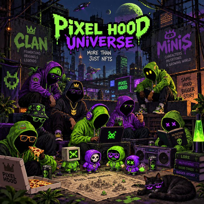 A vibrant promotional graphic for 'Pixel Hood Universe' featuring green and purple hooded figures with pixelated faces gathered in a cyberpunk cityscape, with text promoting 'Clan Foundations,' 'Minis Characters,' and 'More Than Just NFTs.'