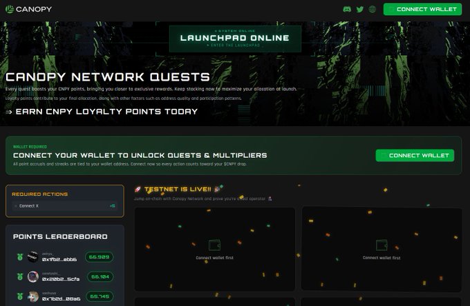 A webpage for 'CANOPY NETWORK QUESTS' showing a launchpad online event with a 'TESTNET IS LIVE!' banner, requiring wallet connection, with a points leaderboard displaying user rankings.