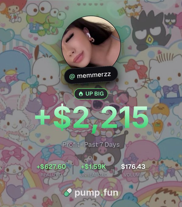 A pump.fun profile screenshot for user @memmerzz showing a profit of +$2,215 over the past 7 days, with a Sanrio-style cartoon background.
