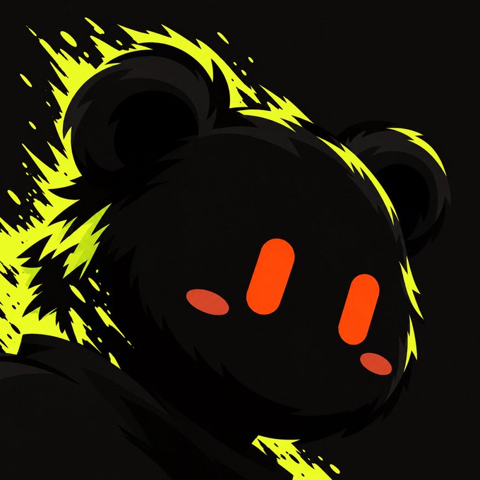 A stylized digital illustration of a black cartoon bear character with glowing red eyes, surrounded by bright yellow-green energy or flame effects against a dark background.