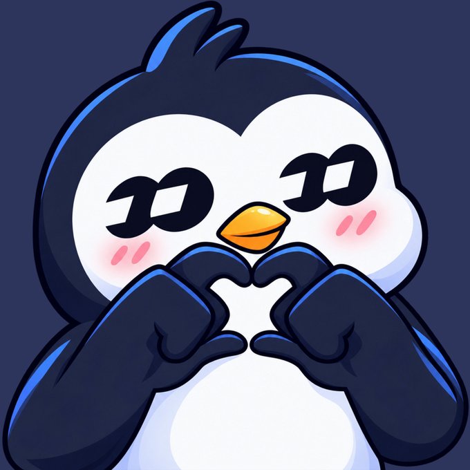 A cartoon penguin character with dollar signs in its eyes blushes while forming a heart shape with its flippers against a dark blue background.