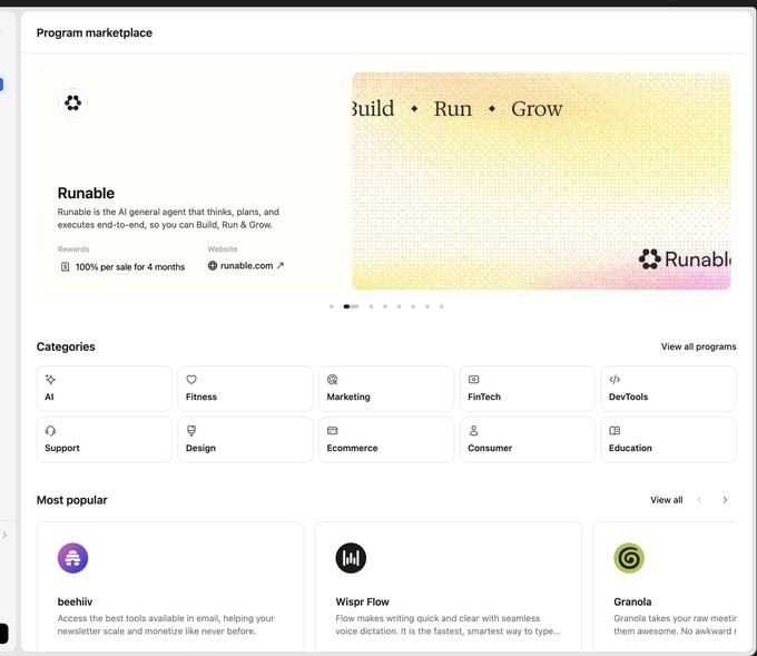 A screenshot of a Program marketplace webpage featuring Runable, categorized into AI, Fitness, Marketing, FinTech, DevTools, Support, Design, Ecommerce, Consumer, and Education, with popular programs like Beehiiv, Wispr Flow, and Granola.