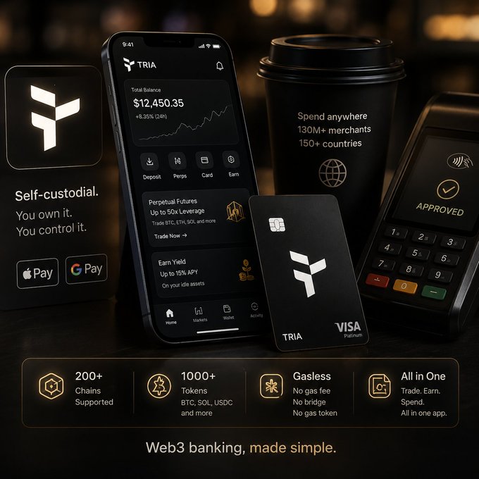 A sleek promotional image showcases the TRIA Visa Platinum card alongside a smartphone displaying the TRIA app with a $12,450.35 balance, highlighting features like "Self-custodial. You own it. You control it.", Apple Pay/Google Pay support, and stats including "200+ Chains Supported" and "1000+ Tokens BTC, SOL, USDC and more." The visual reinforces the post's message by presenting a seamless Web3 banking experience that bridges the gap between crypto and everyday spending, with the tagline "Web3 banking, made simple."