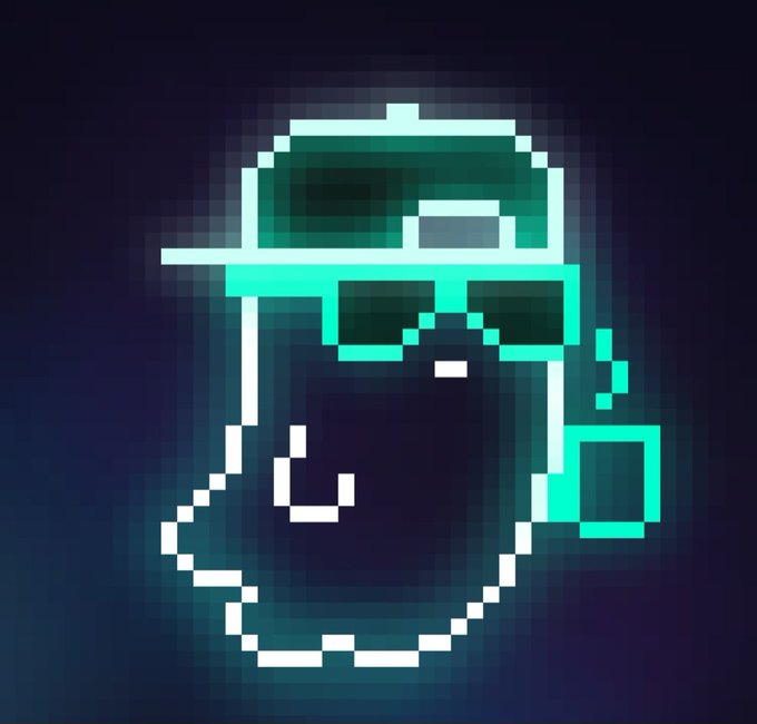 A pixel art illustration of a face wearing teal-colored goggles or a visor with a glowing cyan outline against a dark background.
