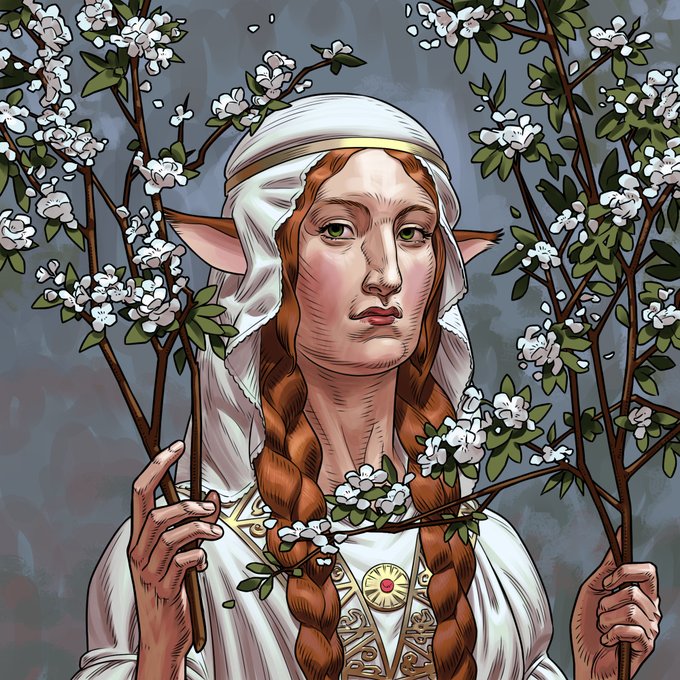 A serene elf-like woman with long auburn braids, a white headdress, and pointed ears holds flowering branches, embodying the ethereal and mystical "LIQUID AURA" branding of the ICON project. The botanical imagery and refined character design visually echo the spiritual, visionary tone of the message celebrating supporters of the NFT collection.