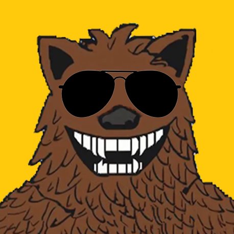 A cartoon illustration of a brown furry creature wearing black aviator sunglasses with a wide toothy grin against a yellow background.