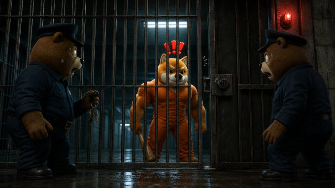 An anthropomorphic Shiba Inu dog in an orange prison jumpsuit stands behind bars, flanked by two bear guards in blue uniforms.