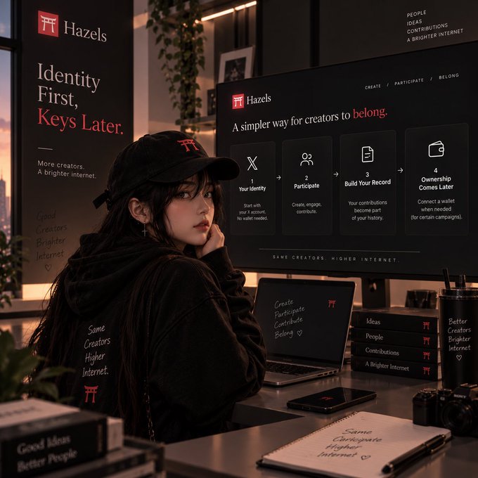 A moody, stylized image of a young woman in a black cap and hoodie at a desk, with overlays promoting 'Hazels' platform and its tagline 'Identity First, Keys Later.'