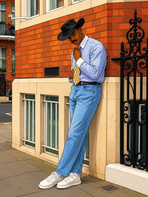 An anime/cel-shaded style illustration of a stylish man in a black hat, striped shirt, yellow tie, and blue jeans leaning against a brick building with ornate black iron gates.