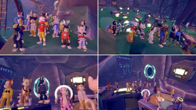 A four-panel collage from a video game shows various anthropomorphic furry avatars gathered in different virtual locations.