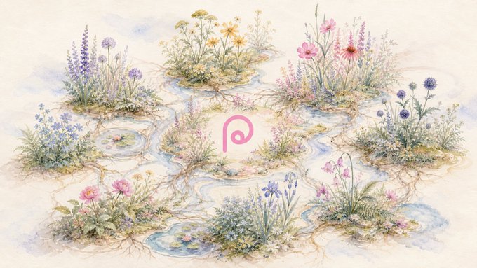 A delicate watercolor illustration shows various wildflowers and garden plants growing in small patches connected by flowing blue streams, with a pink "P" logo hovering at the center. The interconnected flora visually mirrors the concept of a "Programmable pad" ecosystem, where sticky ideas (like hooks and v4 designs) submitted by developers become rooted, vetted nodes that traders can safely trust—creating a self-sustaining network of growth and exchange.