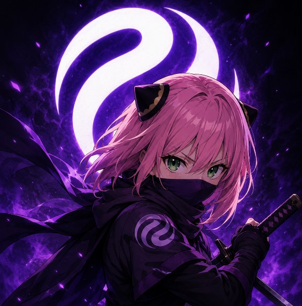 An anime-style illustration of a pink-haired character in ninja attire with a glowing purple symbol behind them.