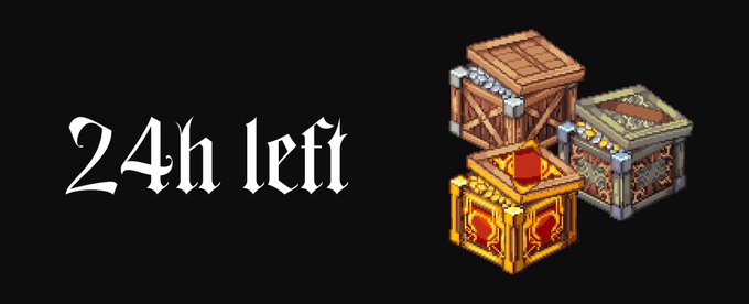 A black promotional banner with white gothic text reading "24h left" next to three isometric wooden crate game items, one gold with a red gem.