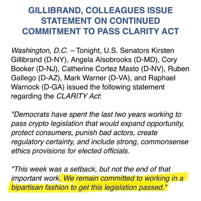 A press statement titled 'GILLIBRAND, COLLEAGUES ISSUE STATEMENT ON CONTINUED COMMITMENT TO PASS CLARITY ACT' featuring a highlighted quote about bipartisan commitment to pass the legislation.