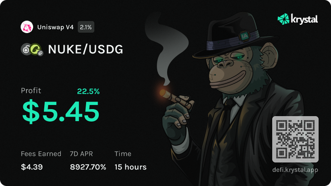 A promotional graphic from 'krystal' for Uniswap V4 featuring a cartoon monkey in a suit and hat smoking a cigar, displaying a 'NUKE/USDG' position with a $5.45 profit (22.5%), $4.39 fees earned, 8927.70% 7D APR over 15 hours, and a QR code linking to 'defi.krystal.app'.