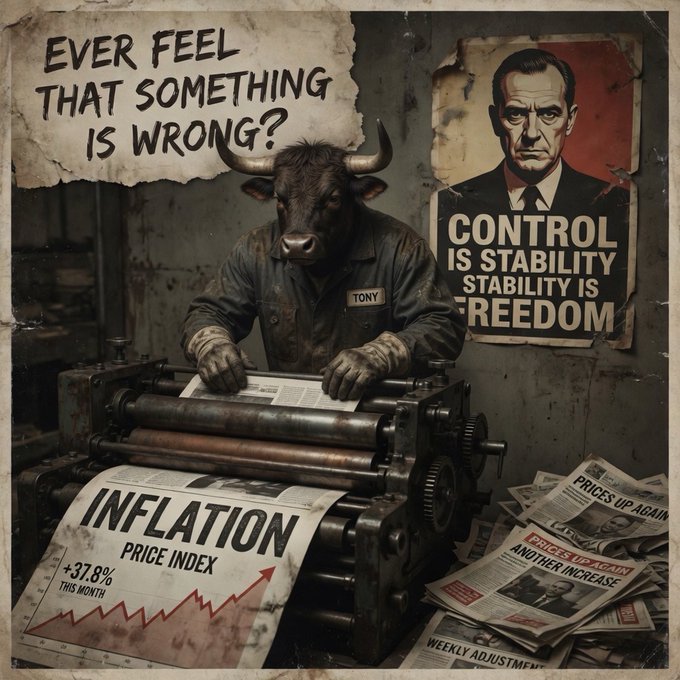 A minotaur-like figure named Tony prints newspapers featuring "INFLATION +37.8%" and "PRICES UP AGAIN" headlines while a "CONTROL IS STABILITY" propaganda poster looms behind him, illustrating the post's critique that money-printing distorts reality.

Key text visible: "EVER FEEL THAT SOMETHING IS WRONG?", "TONY", "CONTROL IS STABILITY STABILITY IS FREEDOM", "INFLATION PRICE INDEX +37.8% THIS MONTH", "PRICES UP AGAIN", "ANOTHER INCREASE", and "WEEKLY ADJUSTMENT".