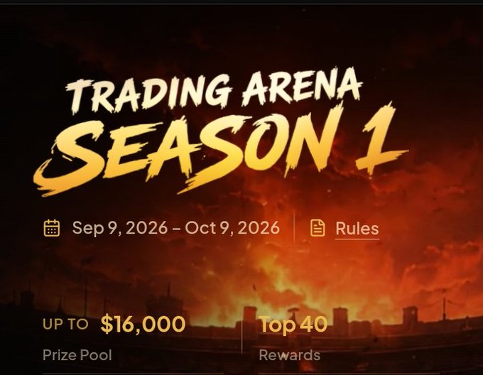A promotional banner for 'Trading Arena Season 1' running Sep 9, 2026 – Oct 9, 2026, advertising up to $16,000 prize pool for top 40 rewards, set against a fiery red background.