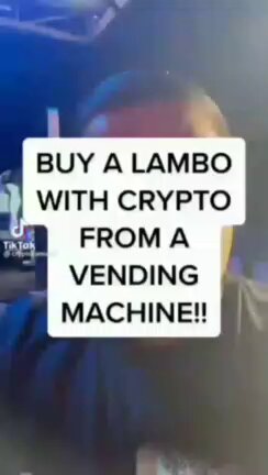 The image features a man sitting at a computer, with text displayed above him that reads "Buy A Lambo from a vending machine!". The text also includes some information about the EU's regulation of crypto exchanges and banks closing accounts for deposits made using crypto.