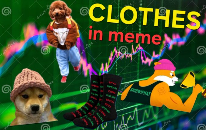 A chaotic meme-style graphic titled 'CLOTHES in meme' featuring a dog in a fox costume, a Shiba Inu wearing a knit hat, and socks covered in stock tickers like SPY, OPENAI, COIN, and KALSHI against a green stock chart background.