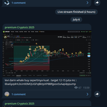 A Telegram chat screenshot from the "premium Cryptoiz 2025" group dated July 6, showing a candlestick chart of the $LEVI token with a message at 15:59 announcing a "whale buy" with the entry 6baGyQ4IHLbUn93MQUGFqBktpXP8BRjpoxSsAap4ppump and target 12-15 juta, followed by a 67-view notification. The image supports the post's claim that $LEVI has risen according to the target from the call made in the Cryptoiz group, as the chart displays the price action following the buy signal.