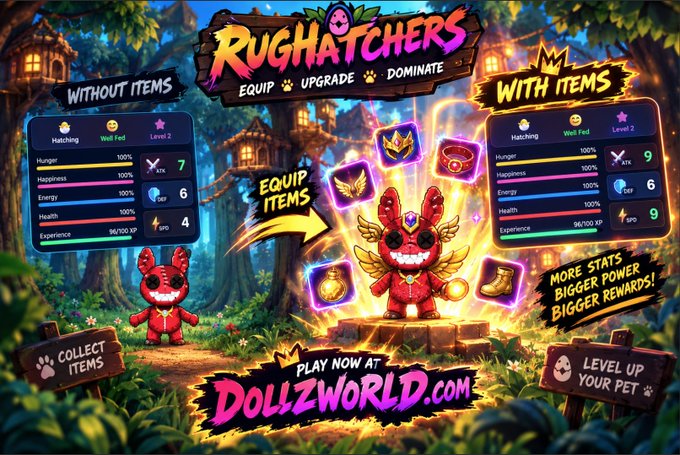 An advertisement for 'Rughatchers' game showing before/after stats, with the text 'Equip Upgrade Dominate' and 'Play Now at DollzWorld.com'.