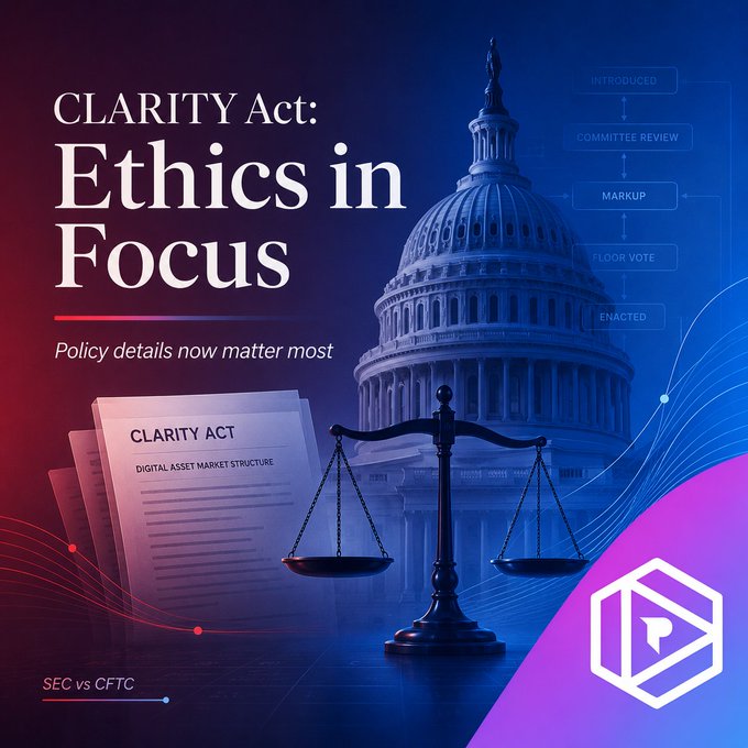 Graphic titled 'CLARITY Act: Ethics in Focus' featuring the US Capitol dome, a balance scale, and a legislative process diagram (Introduced → Committee Review → Markup → Floor Vote → Enacted), with 'SEC vs CFTC' note.